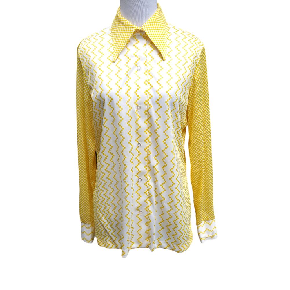 VTG Button Down Blouse Top Polyester Pointed Color Yellow White Geometric Sz S/M